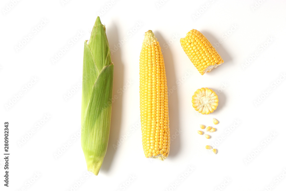 Fresh corn on a light background. Corn heads. - obrazy, fototapety, plakaty 