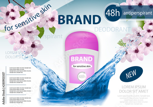 Long-lasting deodorant antiperspirant for woman with water splash and blossom cherry or sakura. Package design or poster, advertising. 3d realistic vector