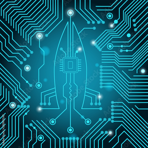 High-tech electronic Board with rocket background image. Vector illustration. Gradients of transparency.