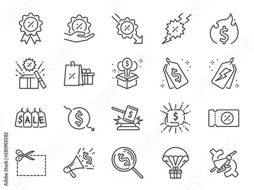 Discount line icon set. Included icons as Sale, Shopping, percent, promotion, badge, clearance and more.
