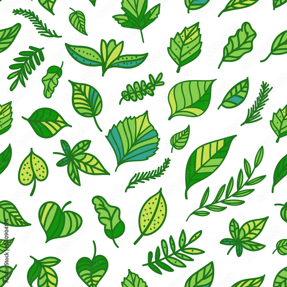 Seamless pattern Green leaf hand drawn texture isolated on white background. Eco surface design