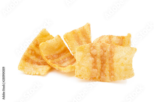 Fried wheat-potato snack with smoked bacon flavor isolated on white background