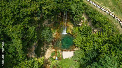 Waterfall in the forest. National park, wonder. Top-down aerial drone shot 03