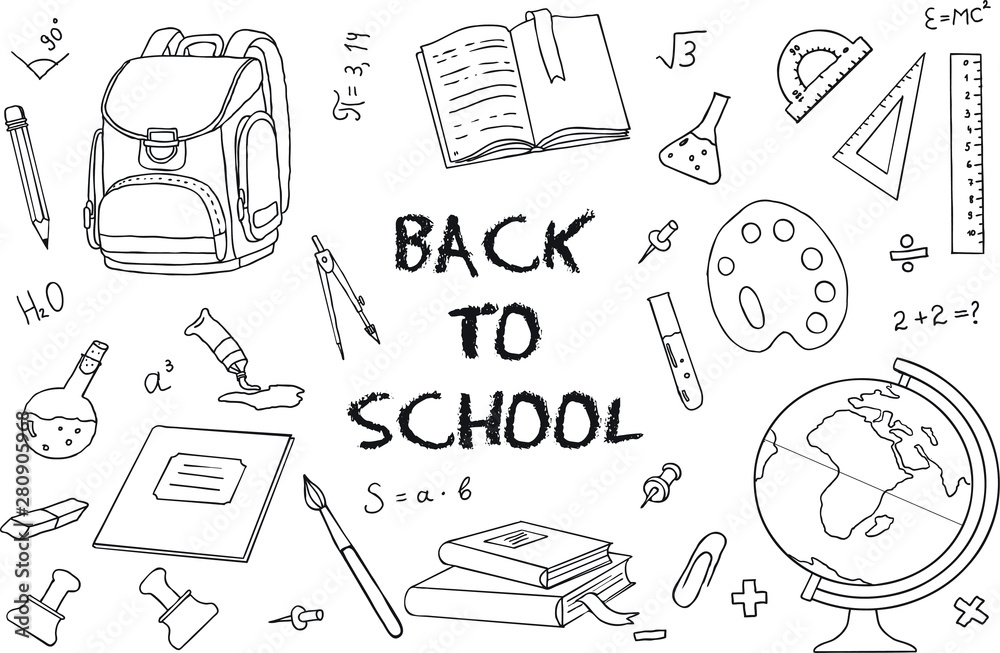 Set of school supplies. Hand Drawn Doodles illustration.  Back to school. 
