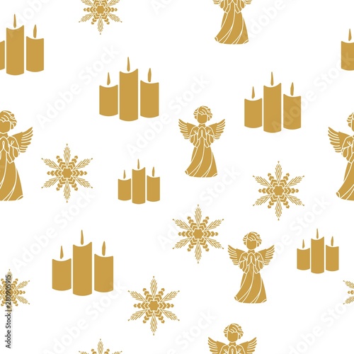 Merry Christmas Gold elements on white background. Seamless graphic pattern made with elements of zentangl and doodle. Wrapping paper illustration