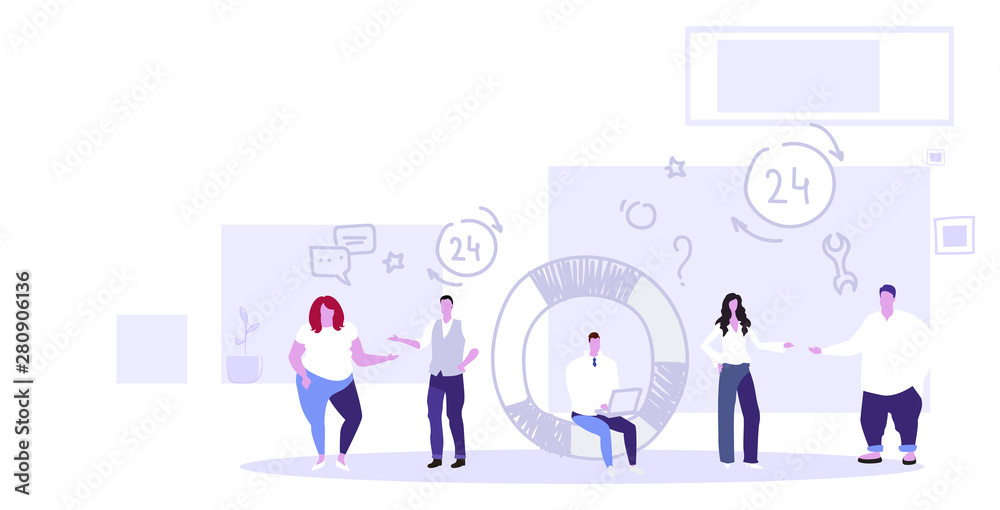 business people group working together technical team support center online customer service concept businesspeople discussing during meeting full length sketch doodle horizontal