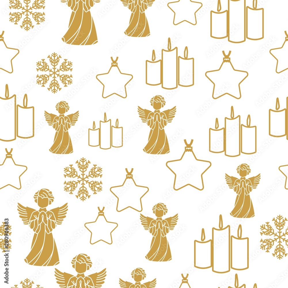 Merry Christmas Gold elements on white background. Seamless graphic pattern made with elements of zentangl and doodle. Wrapping paper illustration Merry Christmas Gold elements on white background. Seamless graphic pattern made with elements of zentangl and doodle. Wrapping paper illustration