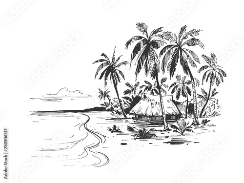 Sketch of a tropical beach with palm trees, bungalows and the sea. Hand drawn illistration converted to vector