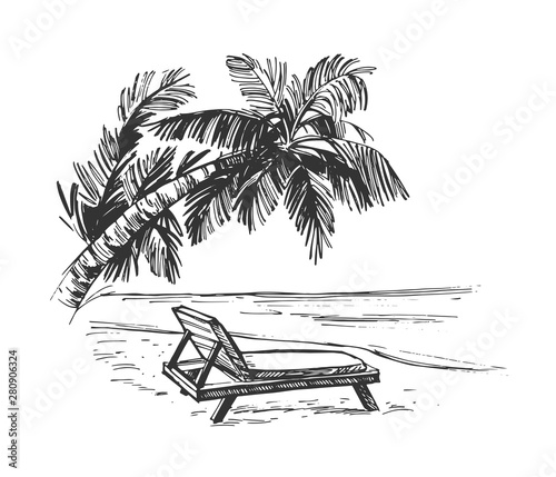 Sketch of a tropical beach with palm trees and the sea. Hand drawn illistration converted to vector