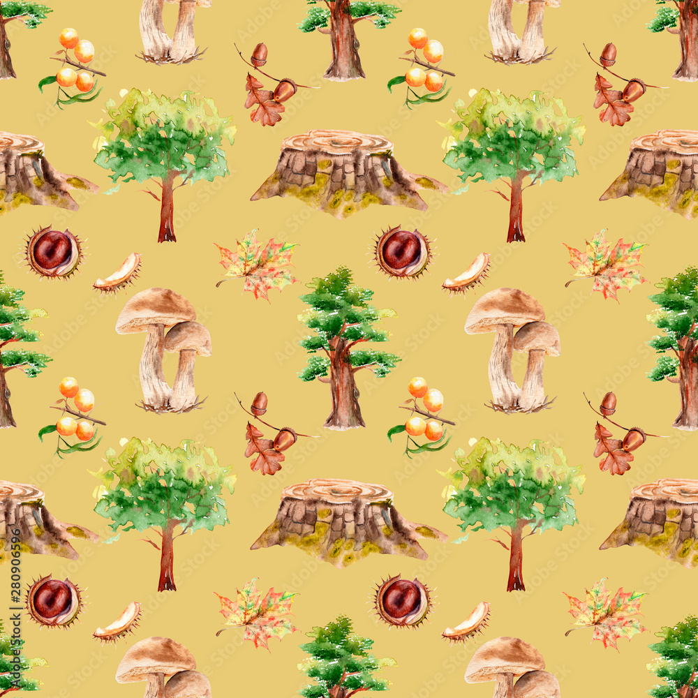 watercolor seamless patterns on the theme of the forest with plants and fruits