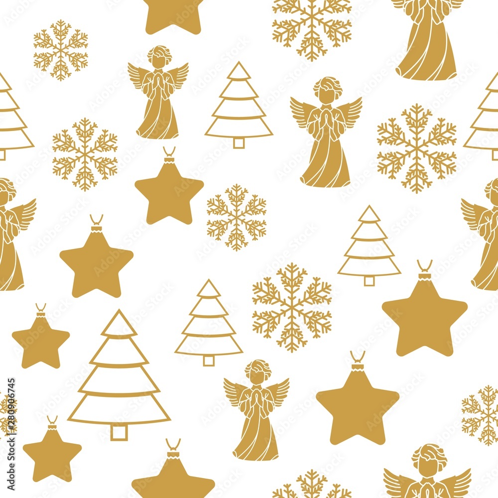 Obraz premium Merry Christmas Gold elements on white background. Seamless graphic pattern made with elements of zentangl and doodle. Wrapping paper illustration