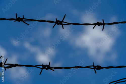 Barbed wire. Barbed wire on fence with blue sky to feel worrying. 