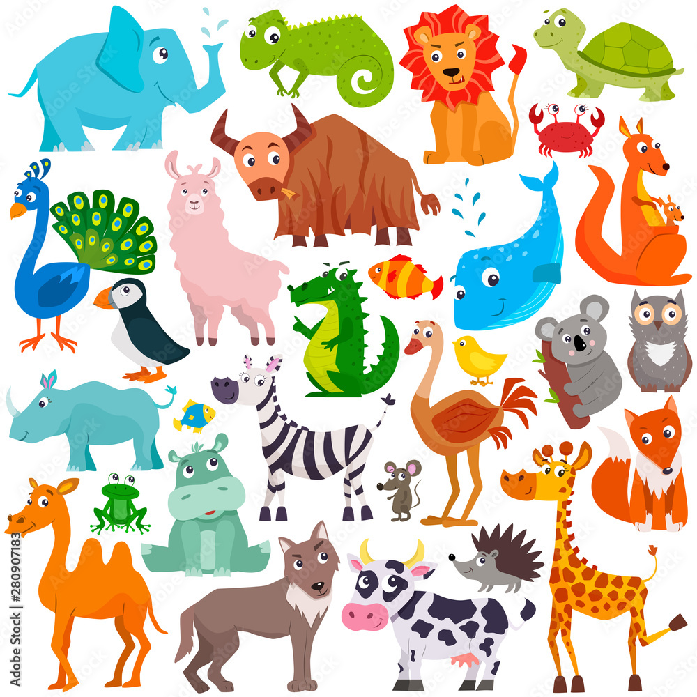 Naklejka premium Big set of cute cartoon animals. Vector illustration.