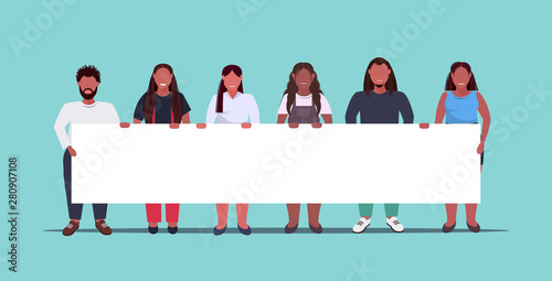 fat overweight people group holding empty placard sign board demonstration concept obese african american men women standing together full length flat horizontal