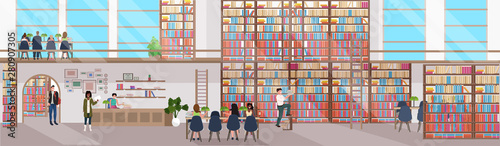 mix race people reading books men women visiting bookstore with bookshelves modern library interior flat horizontal banner full length