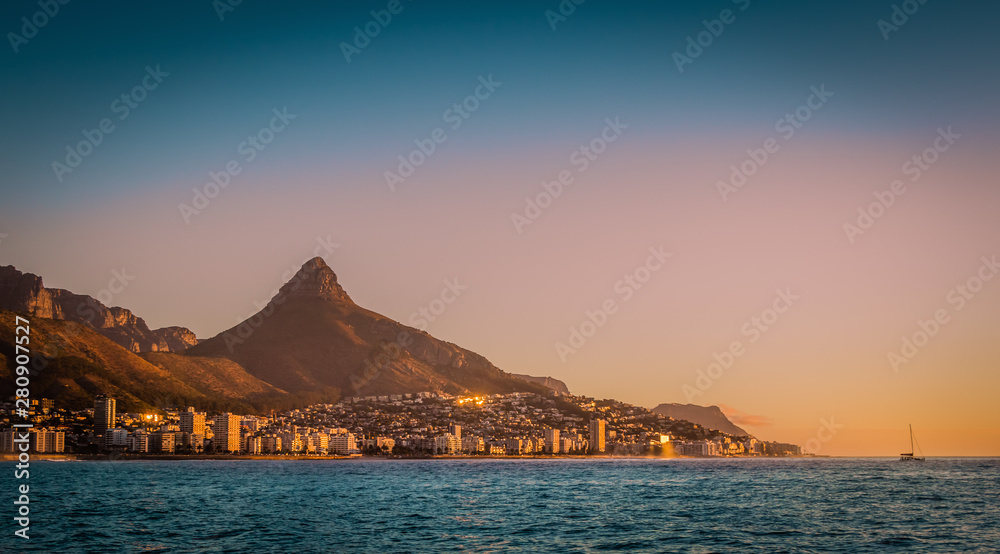 Cape Town, South Africa with Table Top Mountain and Lions Head at Sunset