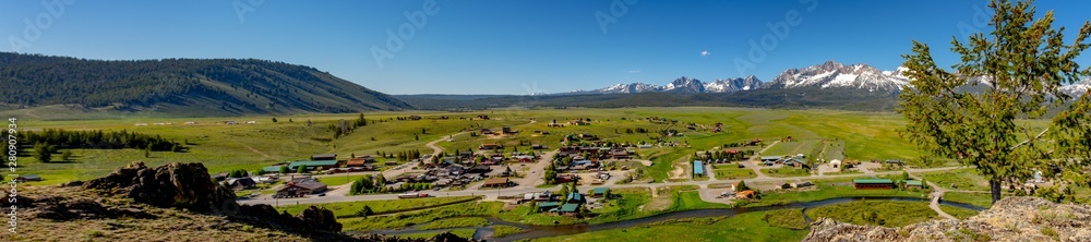 Panoramic view from above of the small mountain community of Stanley Idaho