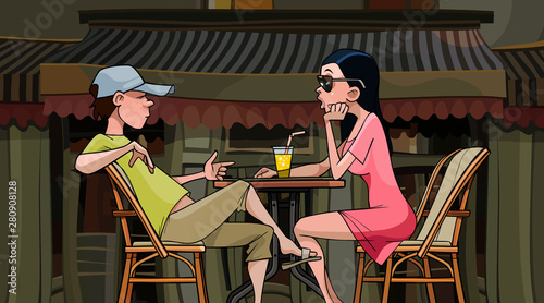 cartoon couple talking sitting at a table in a street cafe
