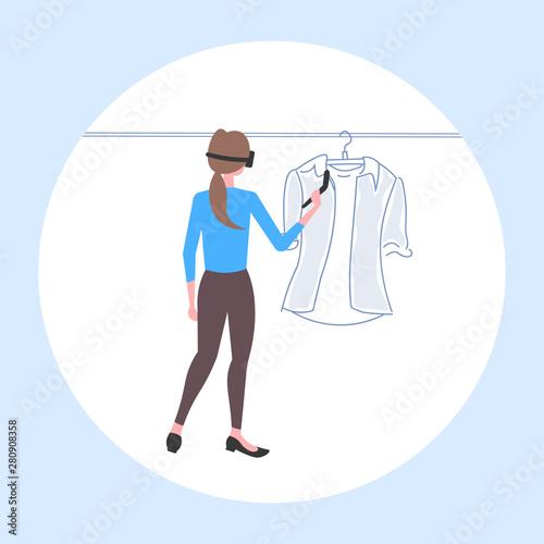 woman wearing 3d glasses holding controller girl experiencing virtual reality choosing shirt through headset online shopping augmented digital technology concept flat full length