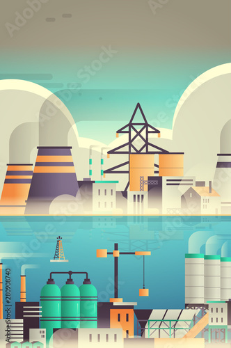 factory building industrial zone plant with pipes and chimneys nature pollution production technology dirty waste air water polluted environment concept vertical flat