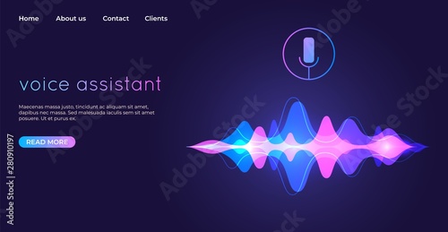 Voice assistant landing page. Voice recognition illustration. Microphone sound control technology vector web page recording audio information