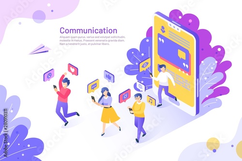 Social media isometric concept. 3D people using mobile phones and communicating. Vector illustration user like share follow and comment set with people in cellphone