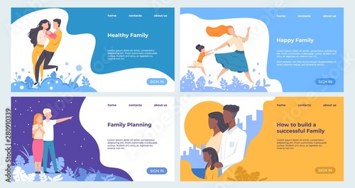 Family landing page. Healthcare and insurance web page business template with trendy flat parents and children characters. Vector set happiness illustrations modern concepts