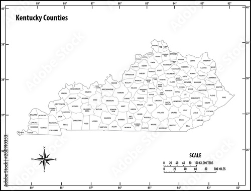Kentucky state outline administrative and political vector map in black and white