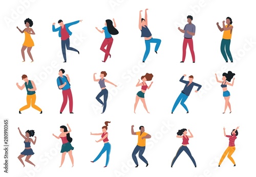 Dancing people. Trendy party cartoon crowd  modern young dancing characters  friends couples and happy persons. Vector illustrations club party dance