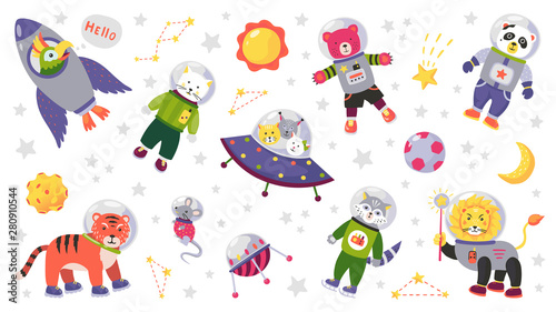 Space animal kids. Cartoon baby characters in space costumes with rocket planet and stars. Vector cute baby animals astronauts isolated on white