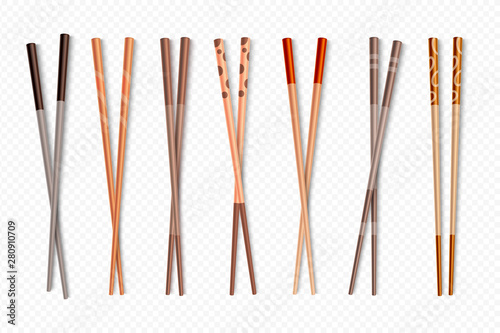 Food chopsticks. Asian bamboo sushi sticks for Chinese and Japanese food, traditional cutlery isolated set. Vector different closeup chop sticks