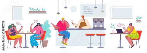 People at cafe. Cartoon characters sitting in coffee shop drinking and communicating, flat happy persons in restaurant. Vector scene girl enjoying food and tea