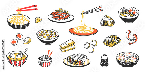 Doodle Asian food. Chinese noodles delicious soup meat slices and sauces. Vector vintage sketch of Eastern cuisine with food sticks bowls plates