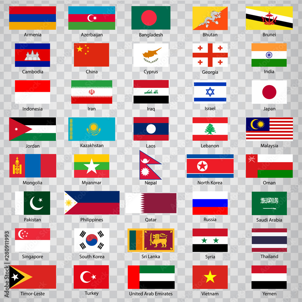 Forty flags of Asian countries. List of Forty flags of Asia countries with inscriptions and original proportions on transparent background. Flags for your web site design, logo, app, UI. Vector illus Forty flags of Asian countries. List of Forty flags of Asia countries with inscriptions and original proportions on transparent background. Flags for your web site design, logo, app, UI. Vector illus
