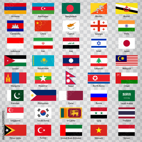 Forty flags of Asian countries. List of Forty flags of Asia countries with inscriptions and original proportions on transparent background. Flags for your web site design, logo, app, UI. Vector illus