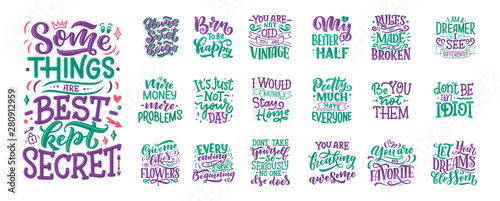 Set with fun slogans for concept design. Hand drawn illustrations. Modern calligraphy quotes. Typography tee print design. Cute lettering for kids fashion.