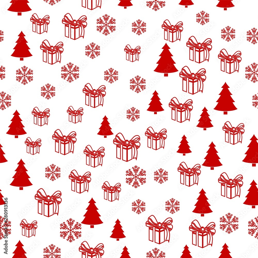 Plakat Merry Christmas Red elements on white background. Seamless graphic pattern made with elements of zentangl and doodle. Wrapping paper illustration