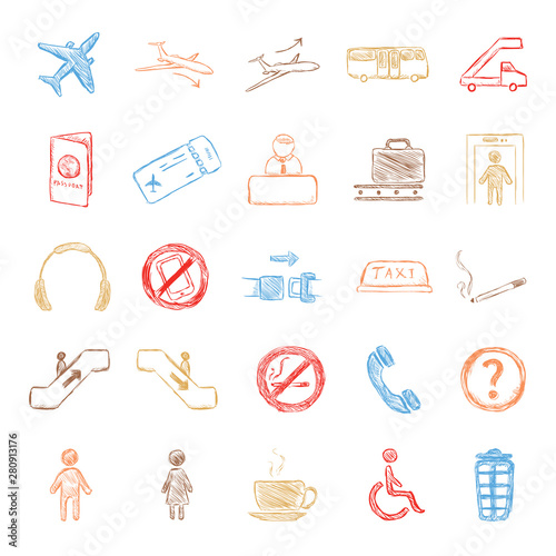 Vector Set of Color Sketch Airport Icons