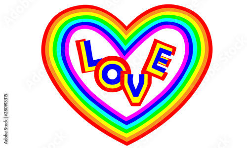 Colorful heart shape and word love, bright feelings, happiness concept.