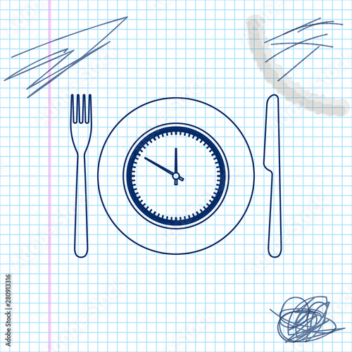 Plate with clock, fork and knife line sketch icon isolated on white background. Lunch time. Eating, nutrition regime, meal time and diet concept. Vector Illustration