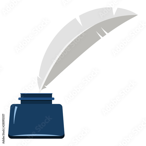 Vector illustration of blue inkwell with white feather calligraphy symbol handwriting correspondence silhouette.