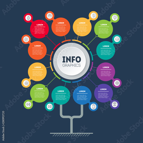 Business presentation concept with 12 options or months. Template of tree, info chart or diagram with twelve processes. Infographic of technology or education with 12 steps.
