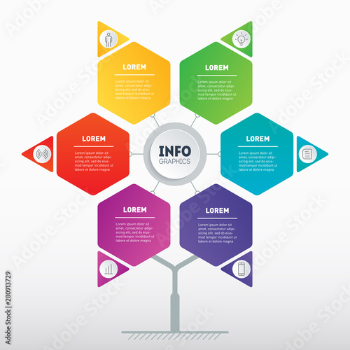 Business presentation or infographics concept with 6 options. Template of development tree, chart or diagram. Info graphic of technology or education process with six steps. Vector.