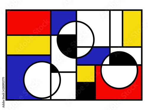 Vector illustration of modern art abstract. Colorful circles, squares and rectangles. Mondrian geometric style vector illustration.