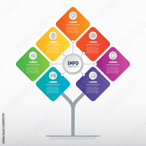 Business presentation concept with 7 options. Brochure design template. Tree, chart or diagram. Infographic of technology or education process with seven steps. Info graphic.