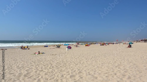 Aveiro, Portugal - July 17, 2019: Panoramic view of Costa Nova Beach in summertime, Aveiro, Portugal