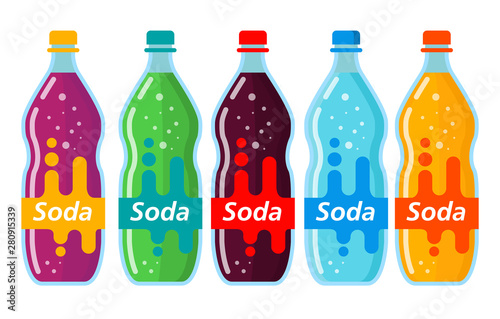 Set of soda water bottle glass with red lable. Orange, grape lemonade. Mineral water.The aerated sweet drink.Sparkling beverage fruit-flavored.Flat vector.