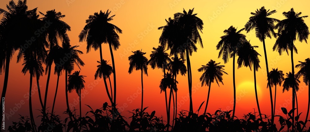 Palm trees at sunset, beach at sunset, palm trees, 3d rendering