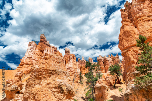 Bryce Canyon Queens Garden Trail, wide angle view of beautiful rock formations on a sunny day