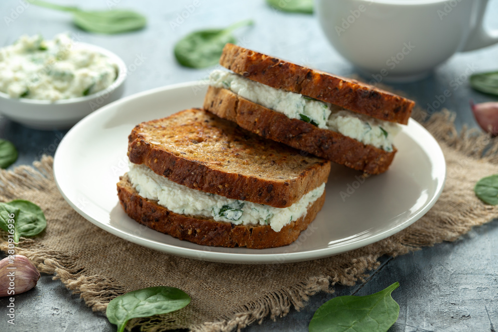 Ricotta cheese spinach sandwich with coffee. healthy breakfast Ricotta cheese spinach sandwich with coffee. healthy breakfast